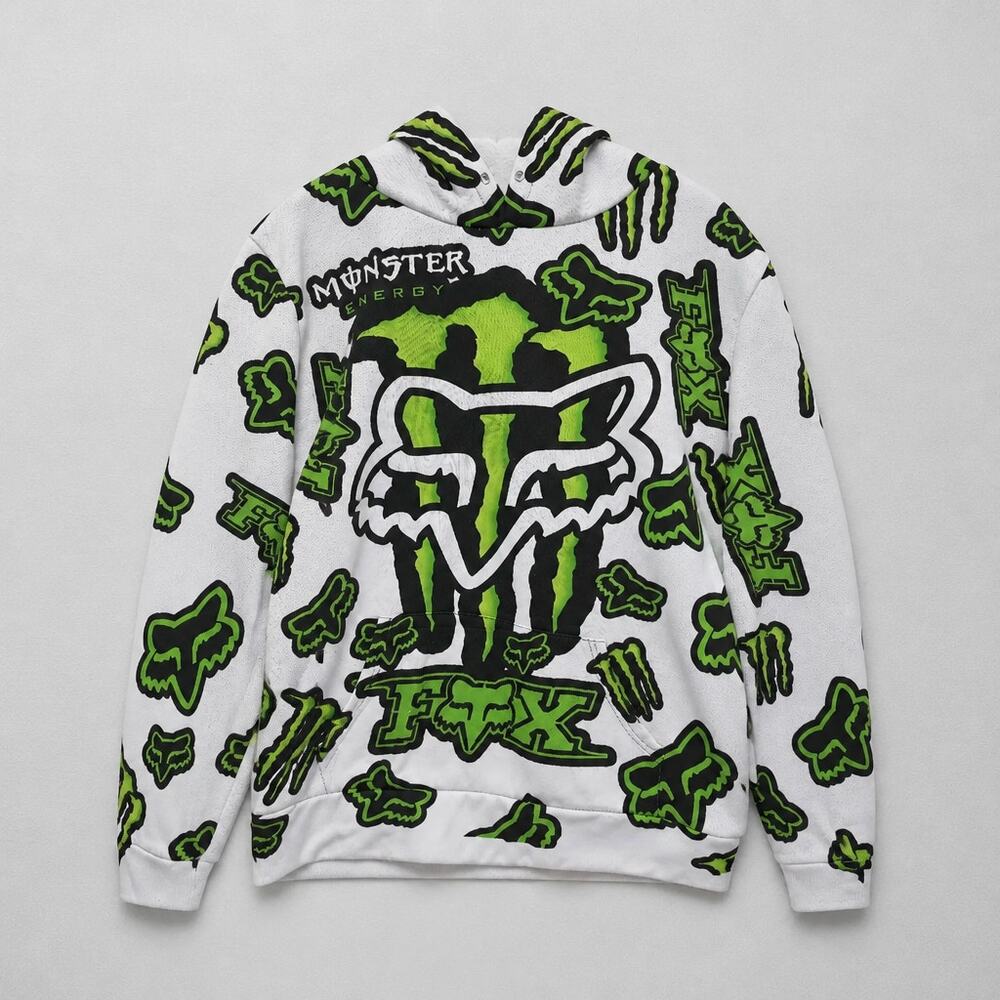 Vtg Fox Racing Monster Energy Hoodie White All Over Print Y2K Size Large No Cord
